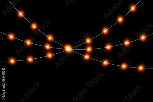 Lights bulbs isolated on transparent and white backgrounds. Glowing fairy Christmas garland strings. Vector New Year party led lamps decorations