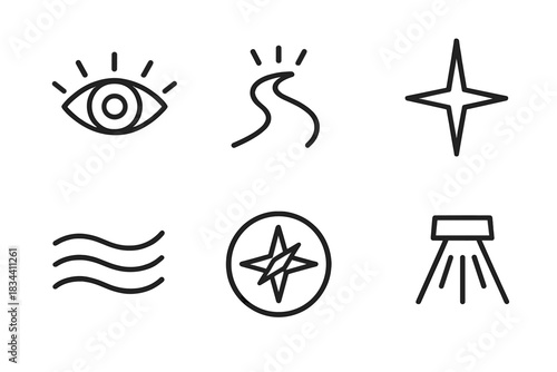 Visionary Journey Icons. Line style icons of visionary journey: open eye, radiant path, guiding star, flowing lines, compass
