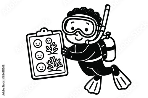 Doodle Diver Milestones. Cute doodle diver holding a slate with milestones of coral recovery marked by smiling icons, hopeful