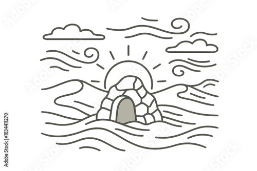 Desert Wind Icons. Line style icons of arid wind burial: stone outline, flow lines, solar arc, desert wind, sky motion,