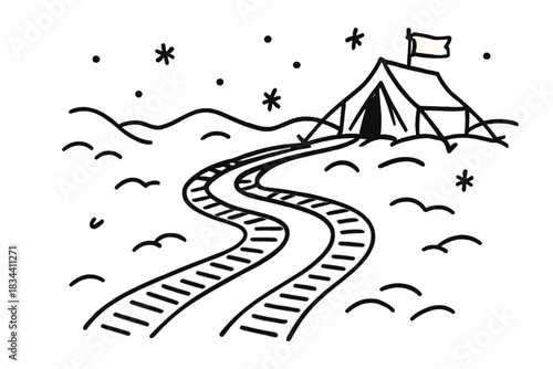 Snowmobile Adventure Path. Playful doodle snowmobile track winding through soft snow toward a cozy research tent with a flag, No