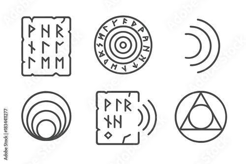 Echoing Wall Symbols. Line style icons of echoing wall of ancient symbols: stone surface, carved runes, circular resonance, sound