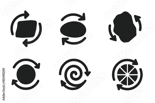 Rotating Stone Icons. Solid style icons of rotating stone symbols: turning stone, pivoting pebble, rotating rock, spinning stone,