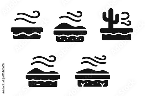 Desert Windowsill Icons. Solid style icons of barren option motifs: hot wind ledge, dusty sill, sandy shelf, windy platform,