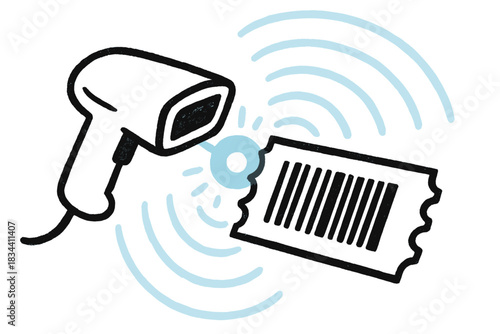 Doodle Ticket Scan. Playful doodle ticket being scanned with a glowing “connected” signal, soft digital waves radiating outward,