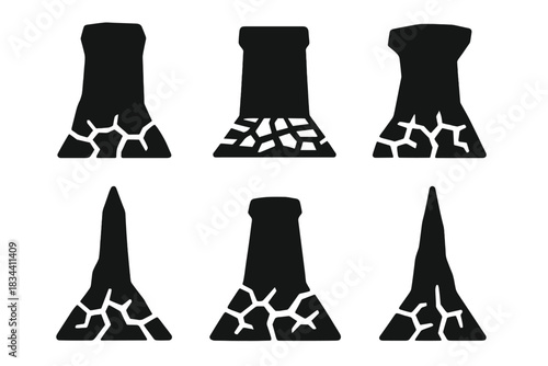 Withered Land Icons. Solid style icons of withered land pillars: dry tower, arid structure, parched field pillar, desiccated