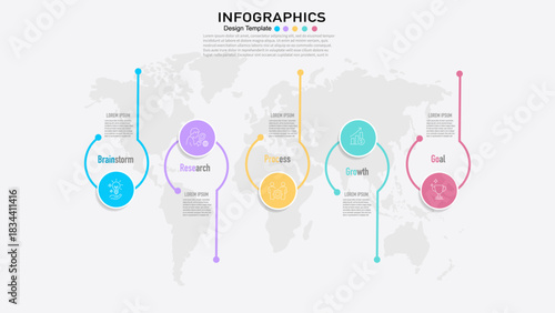 Timeline infographic template for 5 steps process, business development, marketing, workflow, or growth presentation on a global map background.