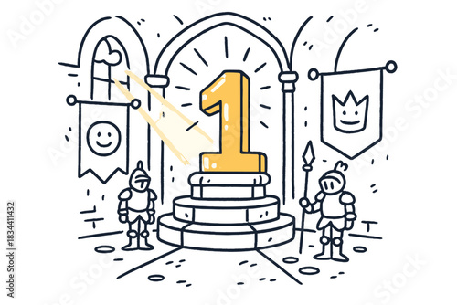 Majestic Number Throne. Playful doodle throne room where the majestic throne is a giant shining number, soft beams of light