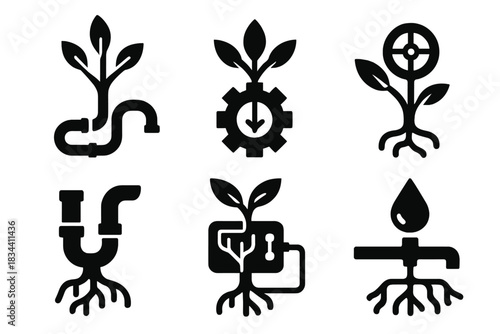 Bio-Mechanical Fusion Icons. Solid style icons of bio-mechanical fusion: mechanical tree conduit, fluidic stem gear, botanical