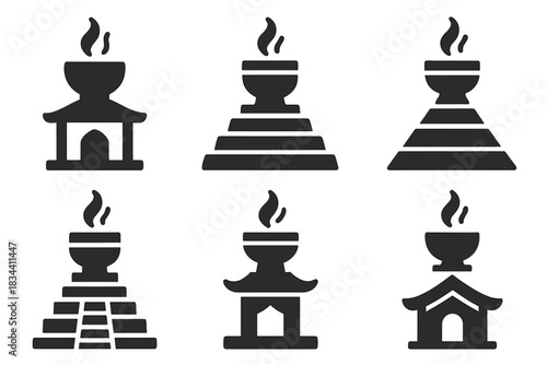 Sacred Vessels Icons. Solid style icons of sacred vessels: meditation holder on a temple, zen cup sleeve on a ziggurat,