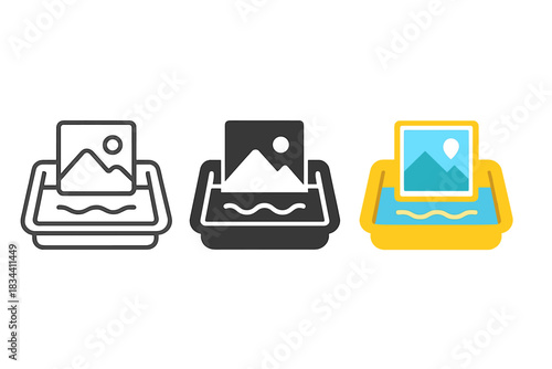 Minimal Darkroom Icons. three minimal vector icons of darkroom tray image revealing universal forms in silver light, line outline