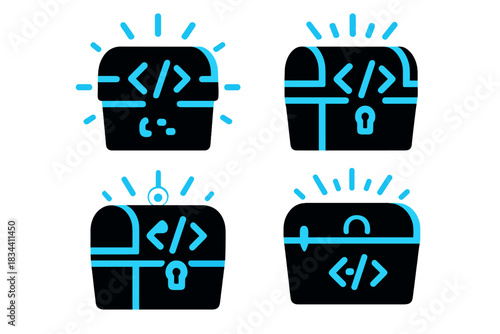 Radiant Encryption Icons. Solid style icons of radiant encryption: glowing code chests, blue-radiation cipher boxes,