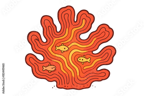 Map Contour Reef. Cute doodle coral reef patterned like a map contour, tiny fish swimming through its glowing ridges, No text, No