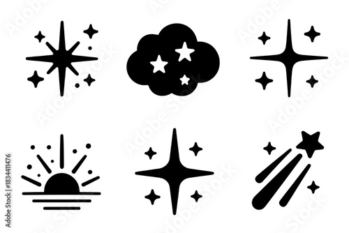 Cosmic Beginnings Icons. Solid style icons of cosmic beginnings: starlit genesis spark, nebular youth cloud, distant creation