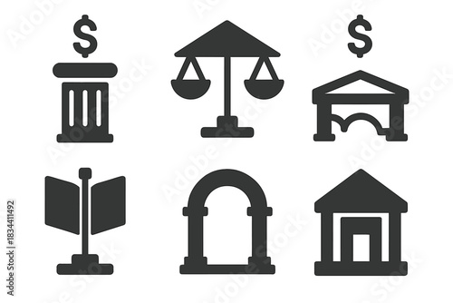 Economic Icons. Solid style icons of economic infrastructure: profit pillar, balanced roof truss, investment bridge beam, ledger