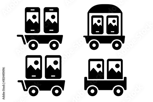 Mobile Replica Icons. Solid style icons of mobile replicas: duplicate models on carts, twin displays on wagons, identical scenes