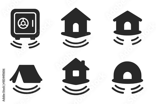 Floating Tranquil Sanctuaries. Solid style icons of floating tranquility: a floating safe-space with gentle vibrations, a