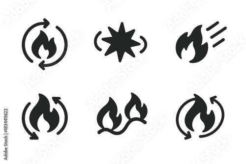Energetic Connection Icons. Solid style icons of energetic connection: moving ignition bonds, kinetic spark relationships,
