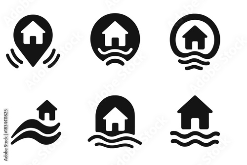 Vibrant Resonance Icons. Solid style icons of serene rhythm: vibrating shelter node, pulsing refuge disc, harmonic sanctuary ring,