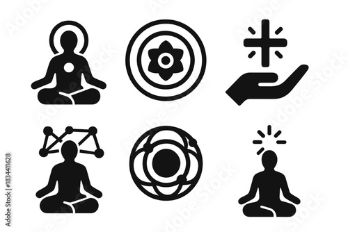 Sacred Activation Icons. Solid style icons of sacred activation: spiritual center prompts, divine hub encouragements, sacred