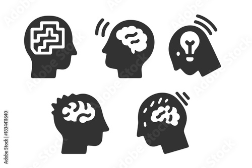 Icons of Instability. Solid style icons of psychological instability: tilted mind maze, vibrating thought angle, oscillating idea