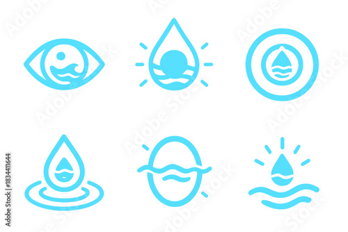 Glowing Elemental Icons. Solid style icons of elemental focus: glowing water eye, sighted stream core, radiant flow target,