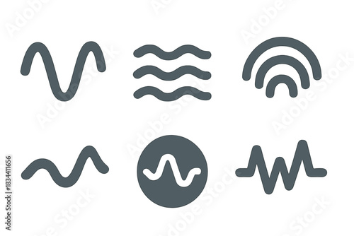 Muted Rhythm Icons. Solid style icons of muted rhythm: shaded wave flow, dim ripple line, soft vibration arc, low-light