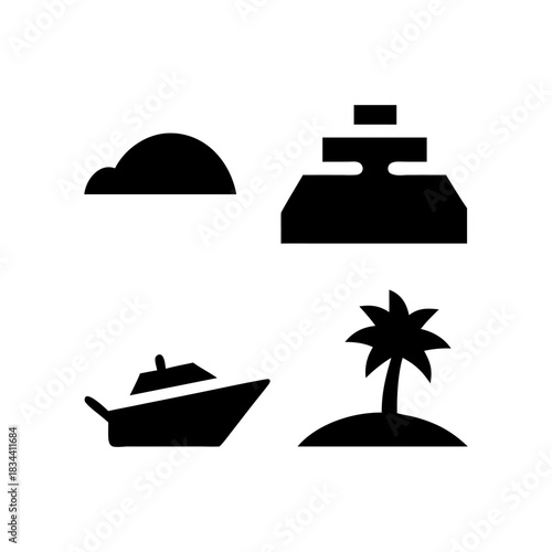Set of four black silhouette icons representing travel and vacation elements