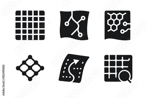 Futuristic Textile Icons. Solid style icons of futuristic textiles: digital weave grid, nano-fiber route cloth, tech-patterned
