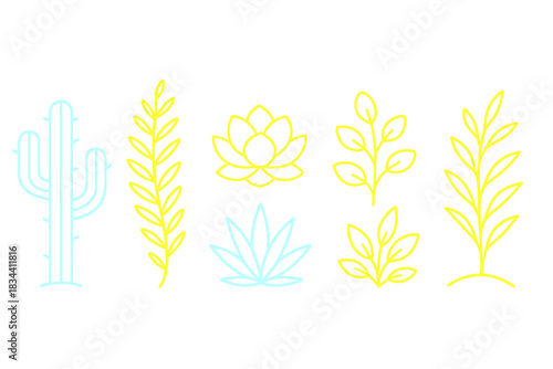 Neon Desert Flora Icons. Line style icons of neon dry-flora: luminous cactus, bright desert fern, glowing succulent, radiant agave