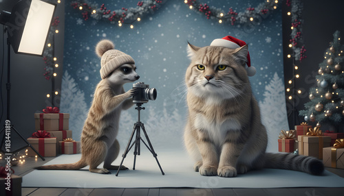 Meerkat photographer trying to take family photo of grumpy Pallas's cat, funny