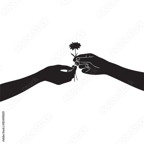 Gentle silhouette of hands exchanging a single delicate flower against a deep black background symbolizing connection and care