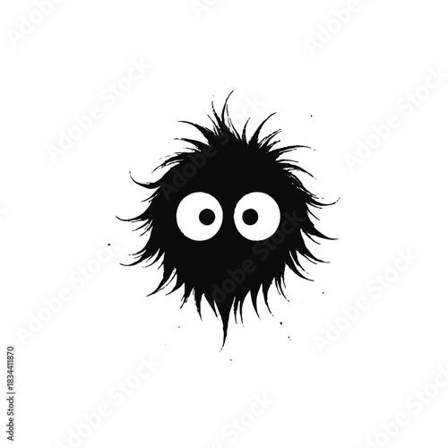 Isolated cute black fuzzy monster cartoon with big white eyes