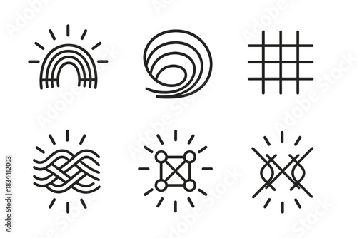 Radiant Woven Harmonies. Line vector icons of radiant woven harmonies: glowing textile arcs, luminous thread outlines, radiant