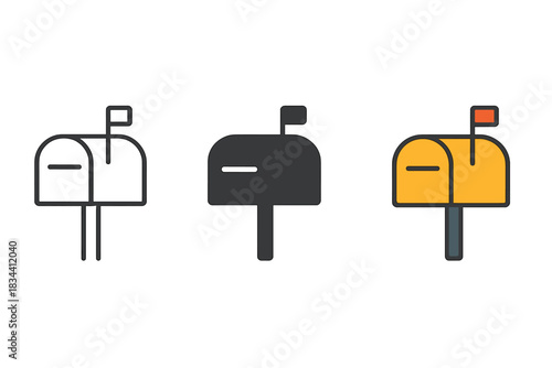 Minimal Mailbox Icons. three minimal vector icons of a postbox with an upright signal flag indicating new mail, line outline style