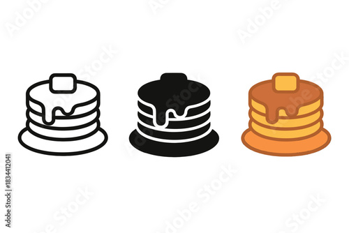 Pancake Trio Icons. three minimal vector icons of sweet pancake stack with butter melting under syrup, line outline style, solid