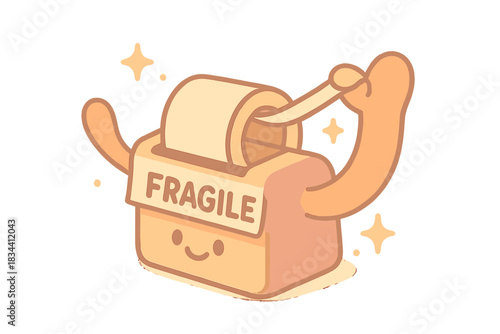 Cheerful Fragile Handler. A playful "fragile text" handling tool with a happy face, tiny sparkles around, gentle friendly colors,