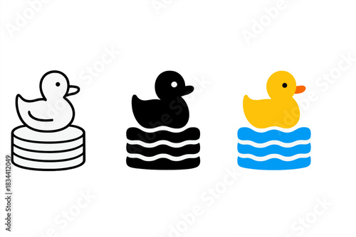 Floating Duck Icons. three minimal vector icons of a floating duck symbolizing data reservoir storage, line outline style, solid