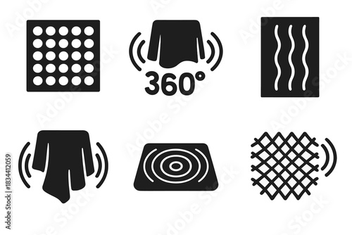 Immersive Sonic Textiles. Solid style icons of immersive sonic environment textiles: wall sound grid, 360° echo cloth, immersive