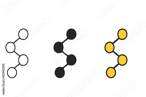 Fluid Nodal Icons. three minimal vector icons of connected nodal orbs arranged in a fluid cascading motion, line outline style,