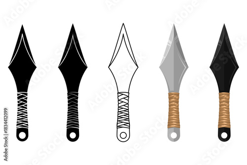 Vector Illustration of Kunai Throwing Knives in Various Styles. Silhouette, Outline, Flat, and Realistic for Gaming, Martial Arts, and Japanese Culture Concepts
