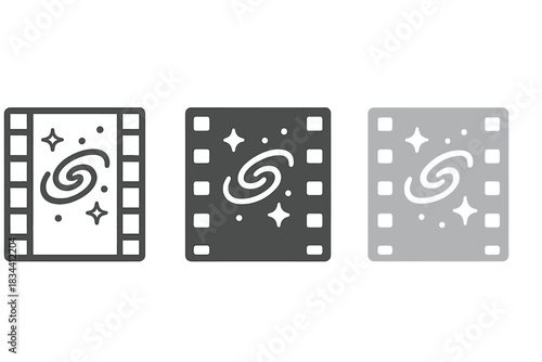 Galactic Film Icons. three minimal vector icons of a film frame with silver tones illustrating galaxies and stars, line outline
