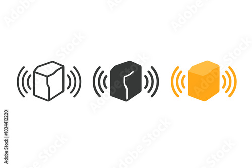Marble Quarry Icons. three minimal vector icons of stone blocks in a marble quarry reflecting echo vibrations, line outline style,