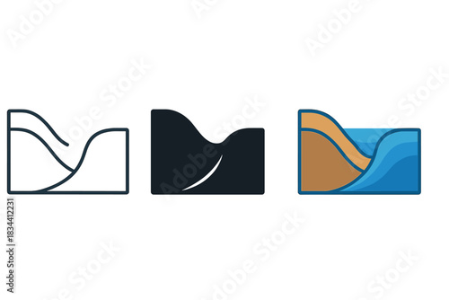 Oceanic Trench Variations. Oceanic trench formed by subducting plate with deep blue gradient and curve, first in line style with