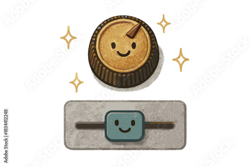 Analog Meets Digital. A vintage knob placed over a modern digital slider, both smiling as analog meets digital, surrounded by tiny