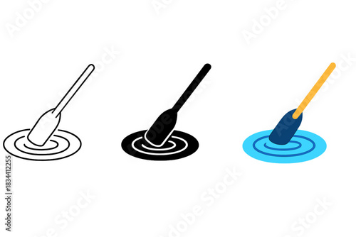 Oar Rippling Lake. Single oar gently dipping into calm lake surface with circular ripple waves, first in line style with thin