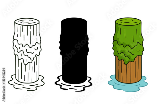 Layered Wharf Pillar. Wooden wharf pillar covered with layered green moss and waterline texture, first in line style with thin