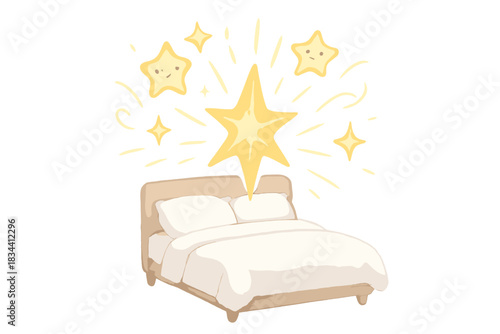 Fresh Bed Sparkles. A sparkling burst emerging from a freshly made bed, with smiling stars and soft doodle lines radiating