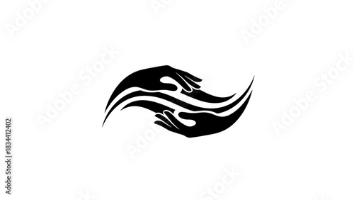 Stylized image of two hands facing each other in a curved, symmetrical design.