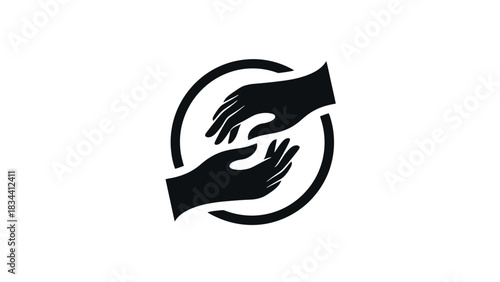 A black and white graphic illustration of two hands reaching out to each other within a circular frame, symbolizing support and connection.